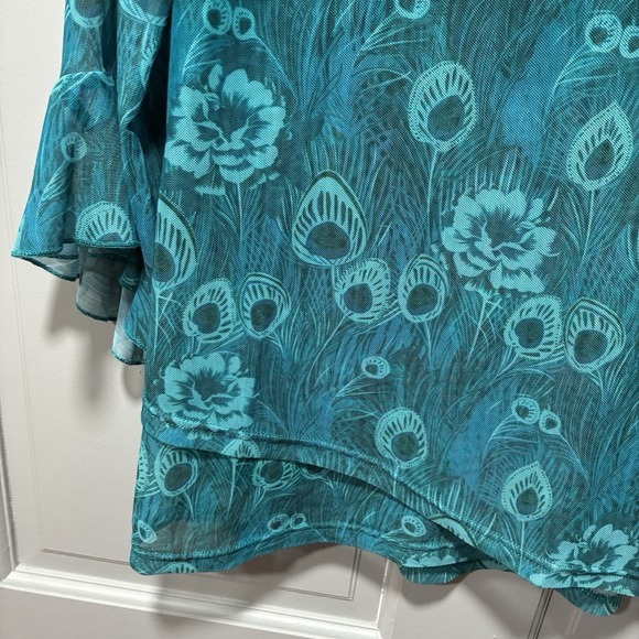 O'Aimaya Women's Top Size Large Blue Green Floral Abstract Print-V-neck Tunic - Picture 6 of 16